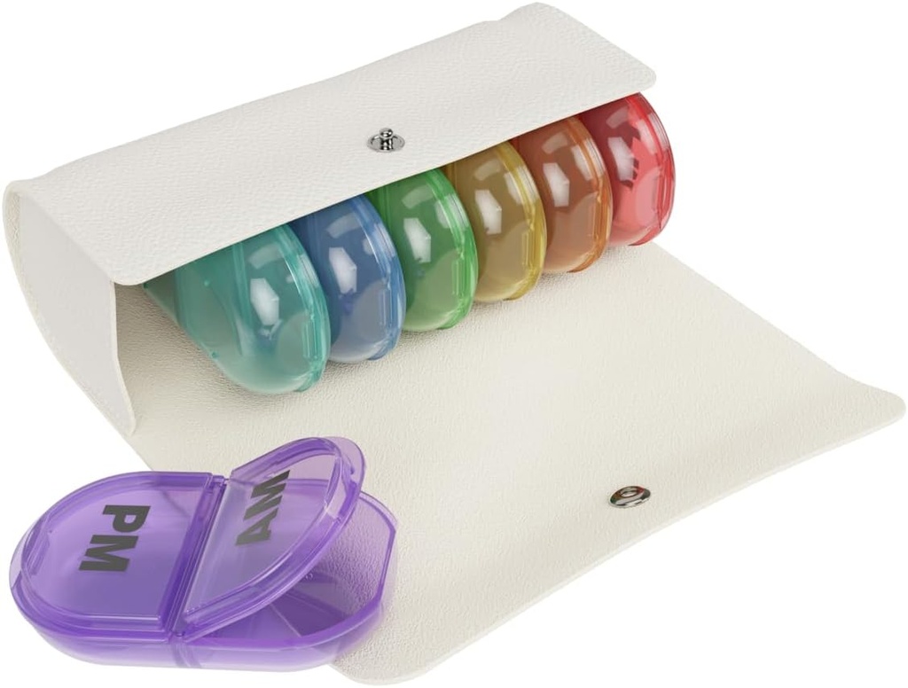 EZY DOSE Weekly (7-Dag) AM/PM Pill Case, Medicine Planner, Vitamine Organizer, Pop-Out Compartments, 2 keer per dag, Regenboog Lids, Inclusief Cream Case, BPA Free
