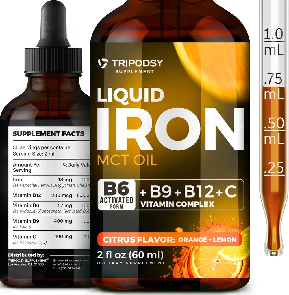 Liquid Iron Supplement for Women and Men - Iron Drops with B6, B9, B12, Vitamin C for Anemia, Blood Builder, Folate for Red Blood Cell and Immune Support MCT Oil (2 FL OZ, Cirtruc)