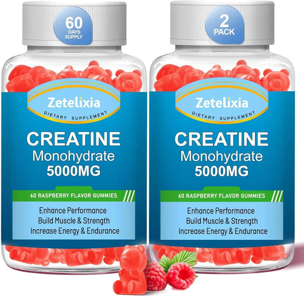 2 Pack Creatine Monohydraat Gummies, Creatine Monohydraat voor mannen & vrouwen, Verbeterde formule met BCAA, Vitamine B12, Taurine, Spierondersteuning, Energie Boost, Suikervrij, Veganistisch, 120 Tellen