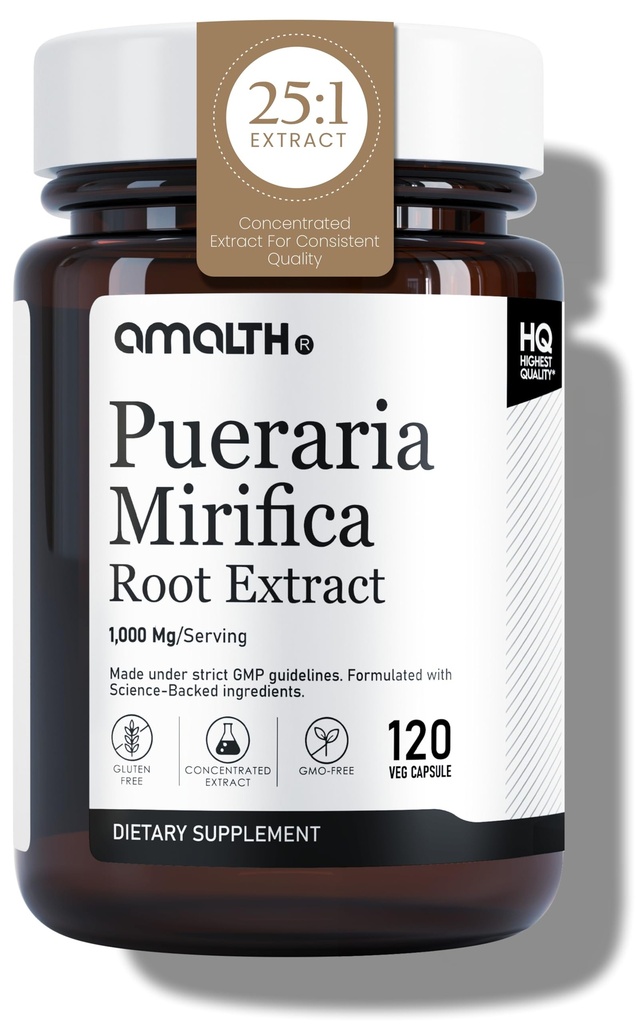 Amalth Pueraria Mirifica Capsules 1000 mg 120 Capsules Estrogeen Supplement voor vrouwen, mannen en transgender, Menopauze verlichting, vrouwelijke wellness ondersteuning pillen