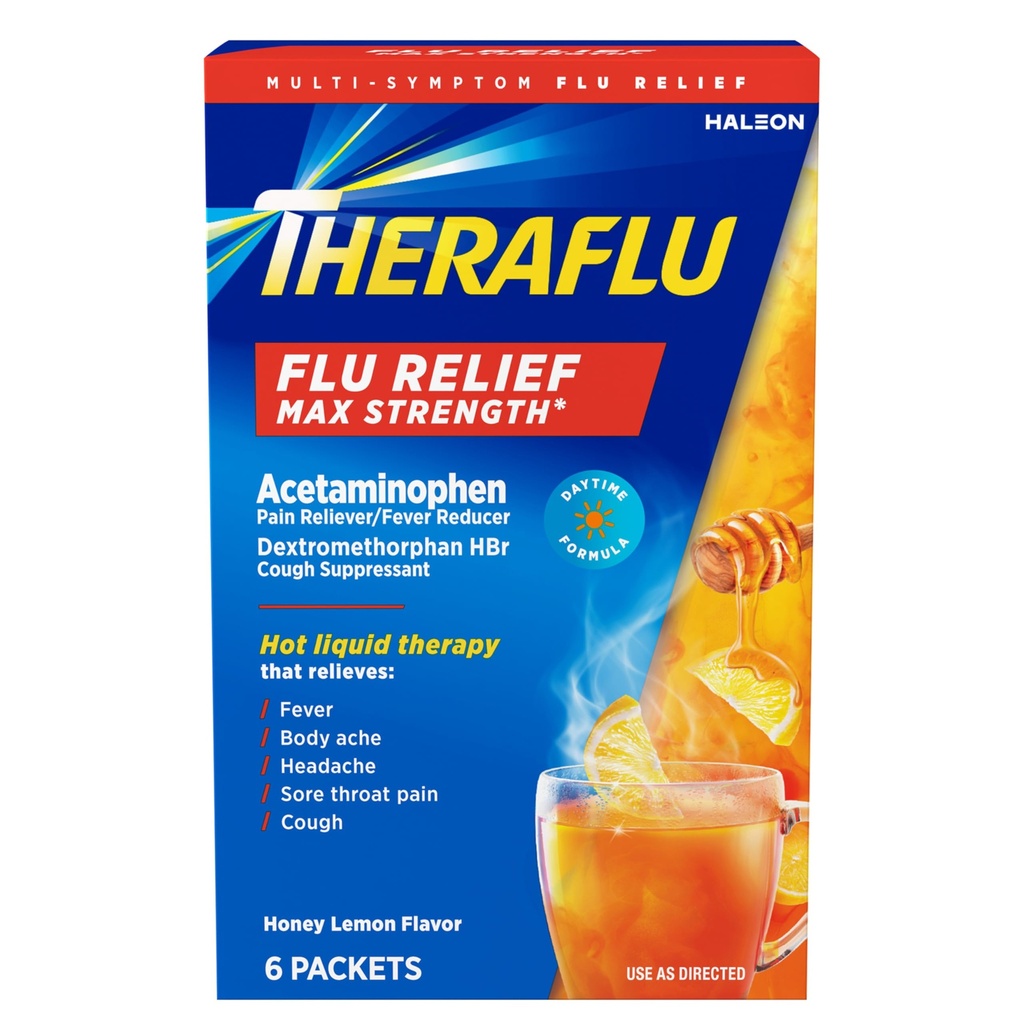 Theraflu Max Strength Daytime Griep Geneeskunde voor Flu Symptoom Relief met Acetaminophen en Dextromethorfan HB, Honey Lemon Flavored - 6 Powder Packets