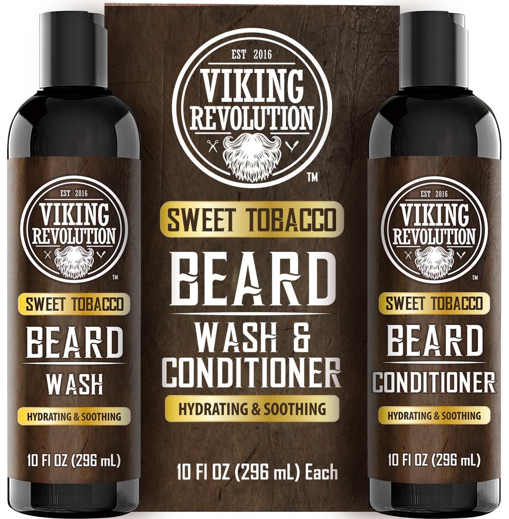 Viking Revolutie Baard Wash en Baard Conditioner voor mannen met Argan Oil en Jojoba Oil - Baard Softener en Versterker Baard Care Baard Shampoo en Conditioner met Baardolie (10oz, Sweet Tobacco)