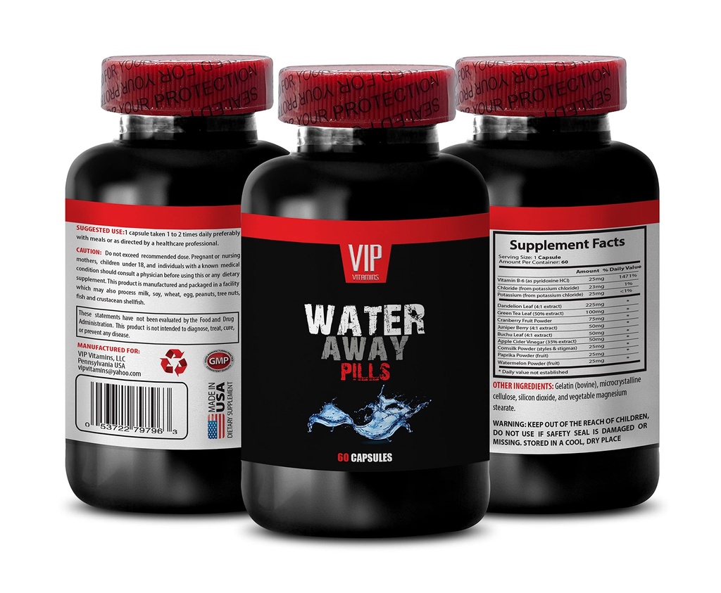 Ondersteuning van de urinewegen - WATER AWAY DIURETIC PILLS - Watermeloen, Dandelion, Paprika, Kalium, diuretica voor waterretentie in benen en voeten, diuretica waterpillen, diuretica supplementen, 1B 60 Caps