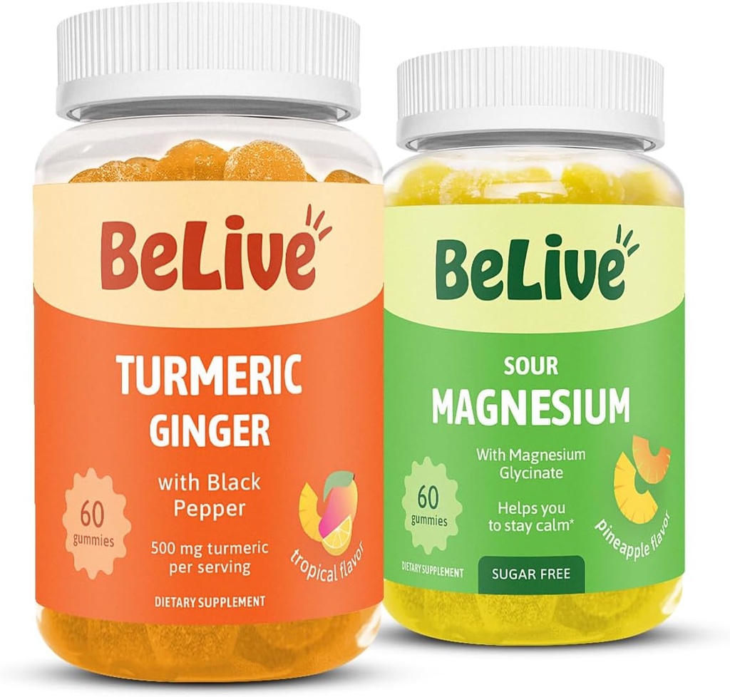 BeLive Bundle Magnesium en Kurkuma Gummies voor Ontspanning, Slaap, Inmune Ondersteuning en Mobiliteit Ondersteuning