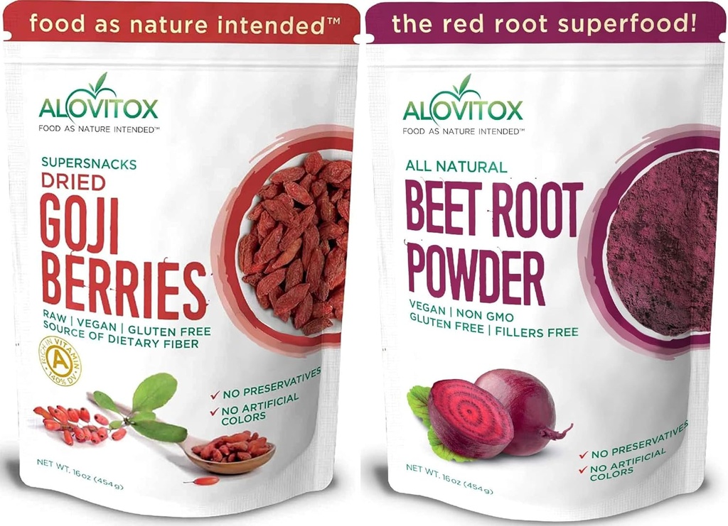 Alovitox Beetwortelpoeder & Goji bessen 100% Pure, Vers & Organische Vegan Superfood met Vitaminen A, C & Ijzer helpt lagere bloeddruk, balans zuurstofgebruik & Boost uithoudingsvermogen tijdens workouts 2x 16