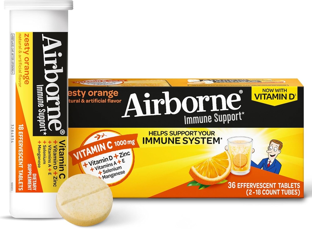 Vitamine C 1000 mg (per portie) - Airborne Zesty Orange Bruistabletten (36 tellen in een doos), Glutenvrije Immuun Ondersteuning Supplement met Vitaminen A C E, ZInc, Selenium, Echinacea & Gember