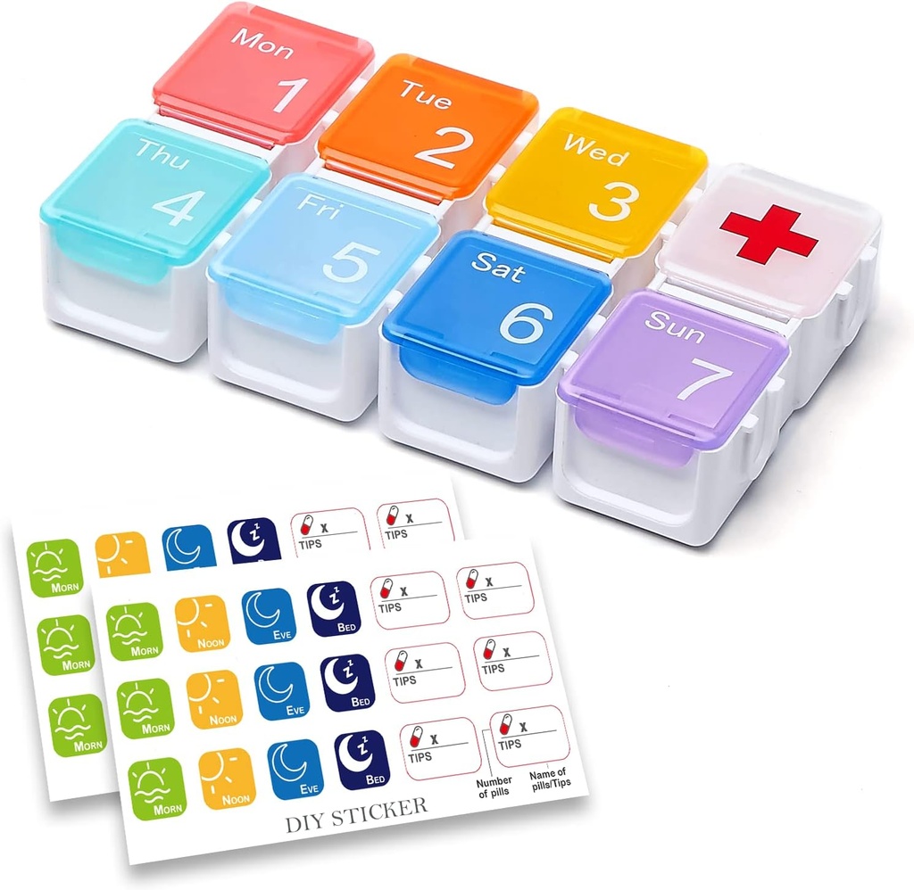 Medicine Organizer, DIY Travel Weekly Pill Organizer case, Daily Pill Box/Container 7 Day, Pill Dispenser/Container voor Vitamine/Visolie (1 keer per dag, Regenboog)