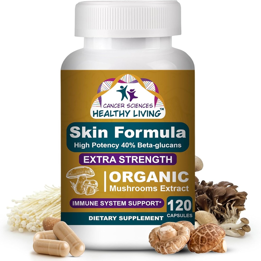 Cancer Sciences Skin Wellness Supplement, USDA Certified Organic Extract Mushrooms Supplement, Extra Strength 1,500 mg, High Potency 40% Beta-Glucans, Immune Support, Glowing Complexion, 120 Capsules