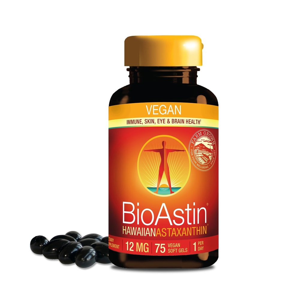 Nutrex Hawaii Vegan BioAstin Hawaiian Astaxanthine - 12mg, 75 Softgels - Farm-Direct Premium Antioxidant Supplement to Support Eye, Skin, Joint & Immune System Health - Non-GMO & Gluten-Free