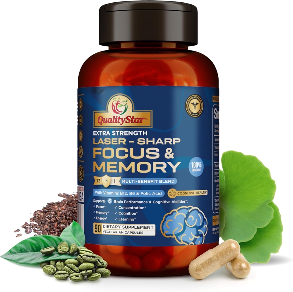 Focus- en geheugenvitaminen, 13-in1 multi-benefit Blend voor cognitieve en hersengezondheid, geheugensupplement voor hersenen, 90 vegetarische capsules
