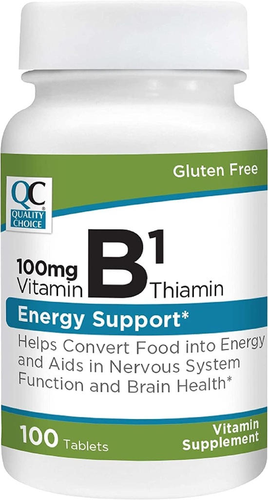 Quality Choice Vitamine B1 Thiamine 100 mg Energy Support, Zenuwstelselfunctie, & Brain Health Vitamine Supplement Tablets, 100 Telflessen