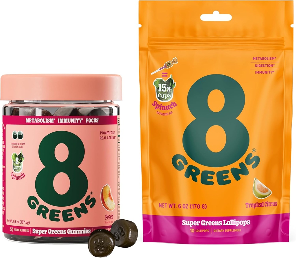 8Greens Daily Greens Gummies and Lollipops, Energy & Immune Support,Gluten-Free, Veganistan, Non-GMO, Geen kunstmatige kleuren & smaken