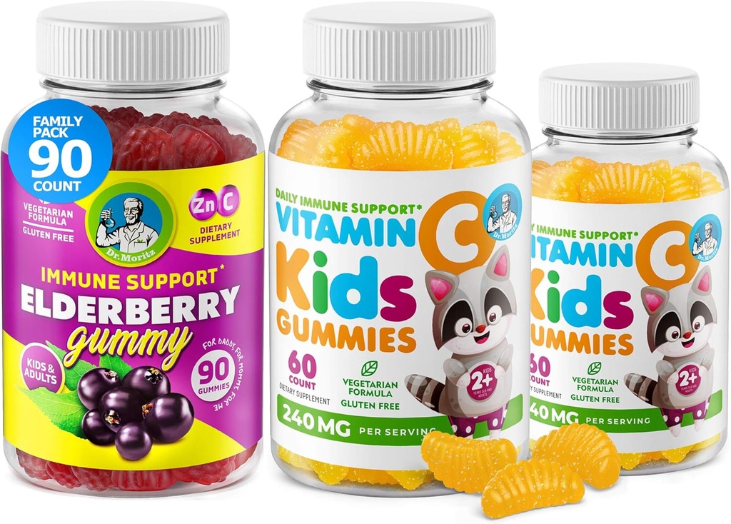 DR. MORITZ Vitamine C Gummies en vlierbessen Gummies voor kinderen en volwassenen - Immune Support Low-Sugar Kauwbare Gummy Vitaminen voor peuters - Vegetarisch Gelatine-vrije kinderen Dieetsupplement