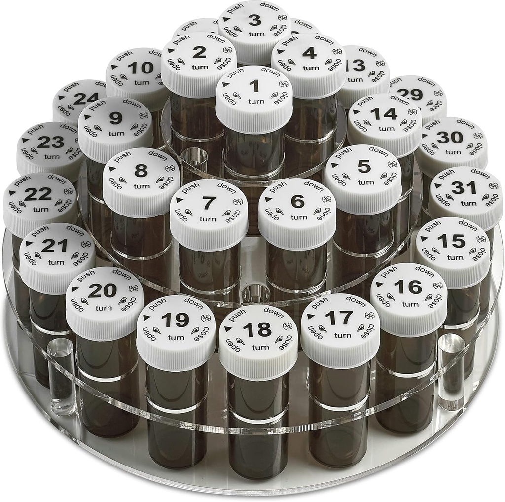 Maandelijkse pil fles Organisator Caddy - 31 genummerde pil flessen w Child-Proof deksels voor elke dag van de maand- Heldere Rack en gemakkelijk te gebruiken voor de dagelijkse dosis van medicatie vitaminen en supplementen