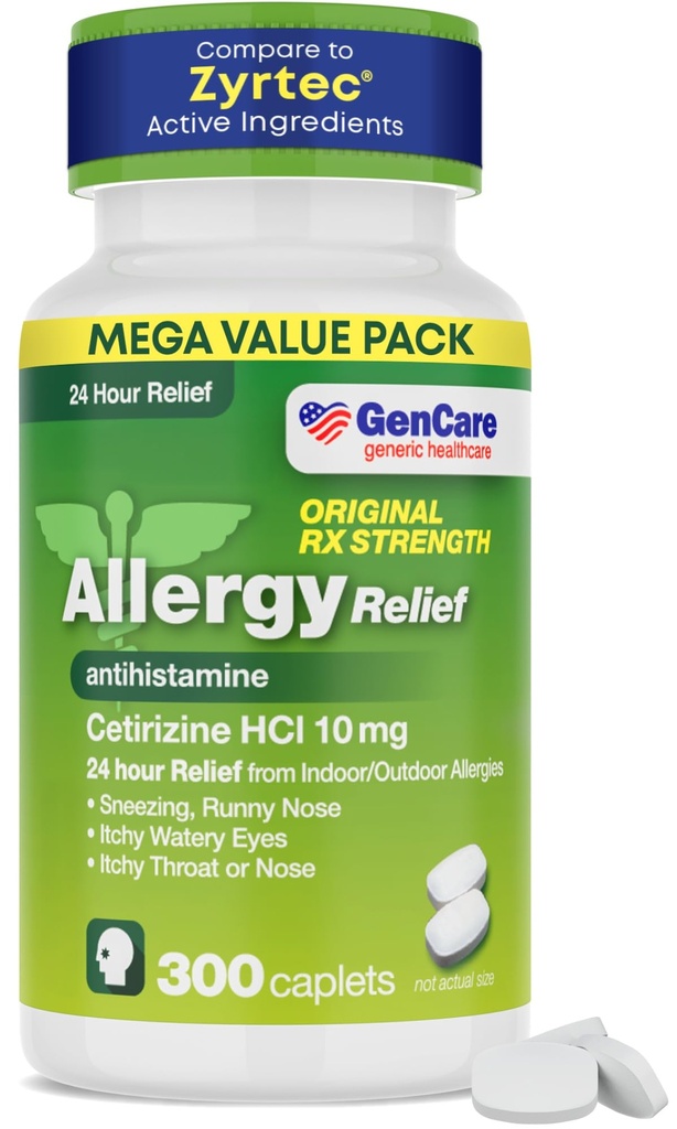 GenCare - Cetirizine HCL 10 mg (300 Caplets) - 24-uurs Allergie Relief Pillen - Non Drowsy Generic OTC Allergie Medicatie - Antihistamine Medicine for Sneezing, Runny Nose & Itchy Eyes - Generieke Zyrtc
