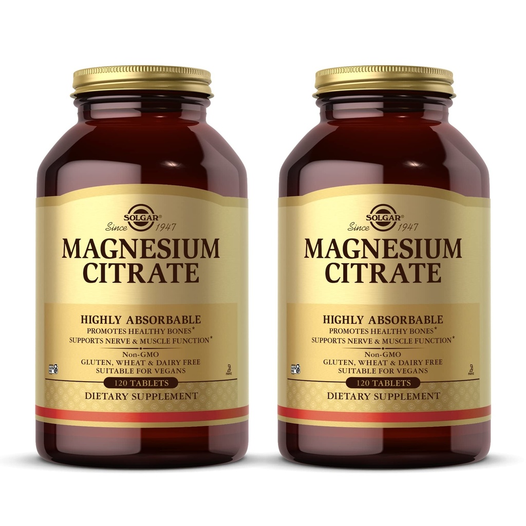 Solgar Magnesium citraat - 120 tabletten, verpakking van 2 - Ondersteunt zenuw- en spierfunctie - Zeer absorbeerbaar - Niet-GMO, Veganistisch, Glutenvrij, Kosher - 120 Totaal porties