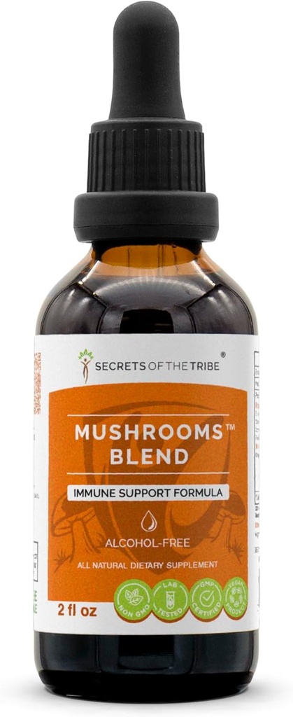 Secrets of the Tribe Mushrooms Blend Alcohol-Free, Glycerite Chaga, Shiitake, Maitake, Cordyceps, Reishi Mushroom. Tincture, Herbal Extract Immune Support Formula 2 OZ