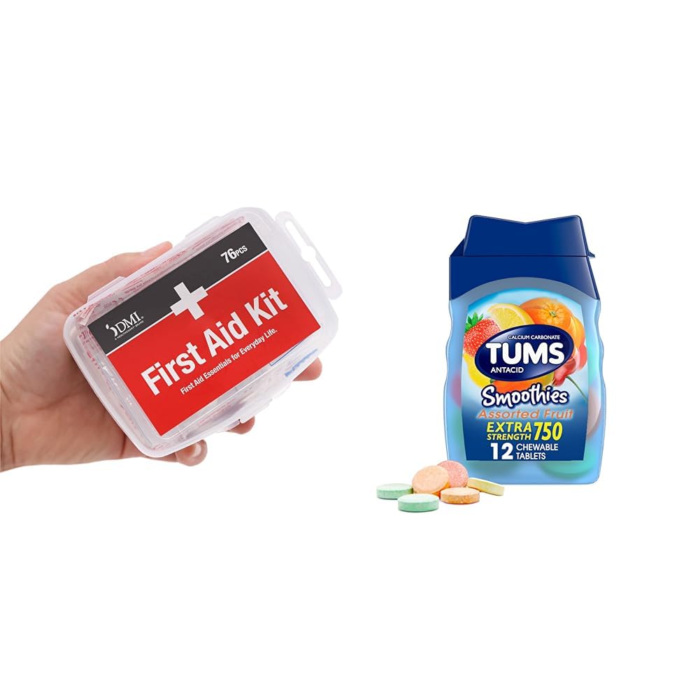DMI 76-Piece First Aid Kit en TUMS 12 Count Smoothies Extra sterkte 750mg Calcium Carbonaat Antacida Kauwtabletten Bundel