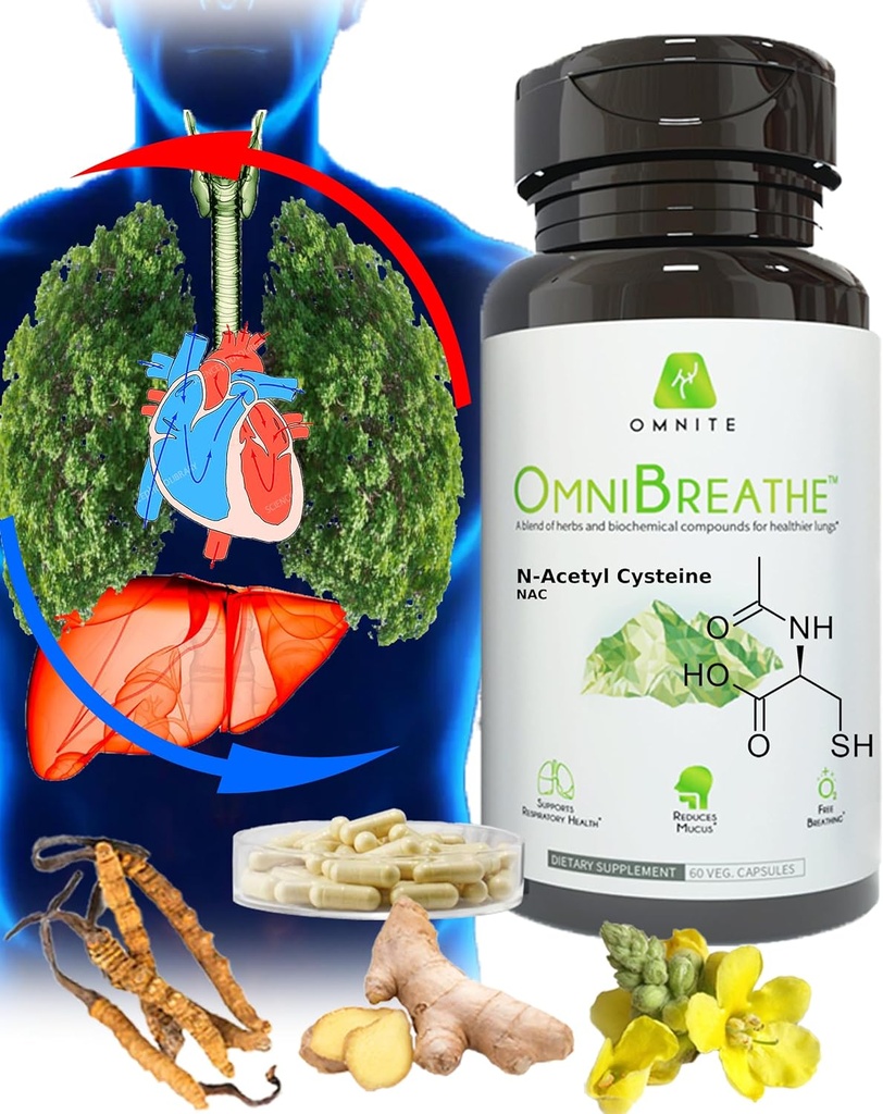 OMNIBREATHE - Snelle verbetering van de ademhalingsproblemen door NAC 600MG Wetenschappelijk samengesteld w. quercetin/Mullein/Coq 10/Ginger/Stinging Nettle/Bromelain,3 Times w. Maaltijd (10-daagse levering aan Boost)