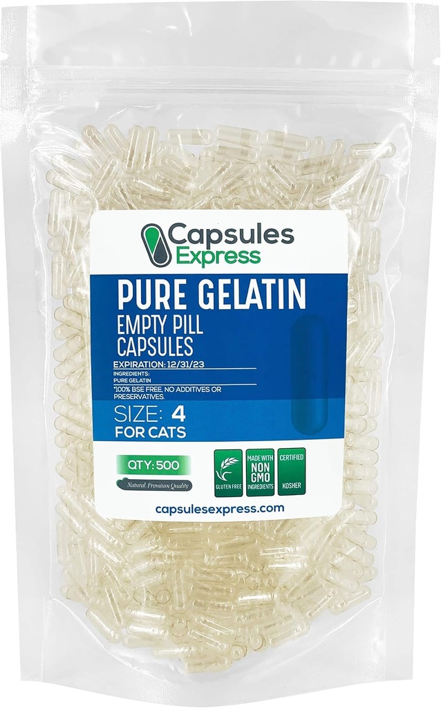 XPRS Nutra Size 4 Empty Capsules for Cats - Clear Empty Gelatin Capsules - Pills for DIY Capsule Filling - Fillable Pure Bovine Pill Gel Caps (500 Count)