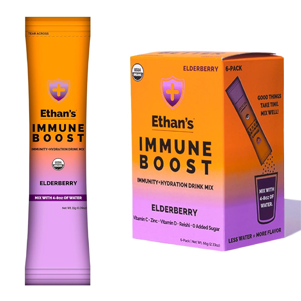 Ethan's biologische drankmix, vlierbessensmaak, Immunity Support en Hydration Powder Packets, gemaakt met echte vruchten, vitamine C, vitamine D, zink, geen toegevoegde suiker (6 Pack)