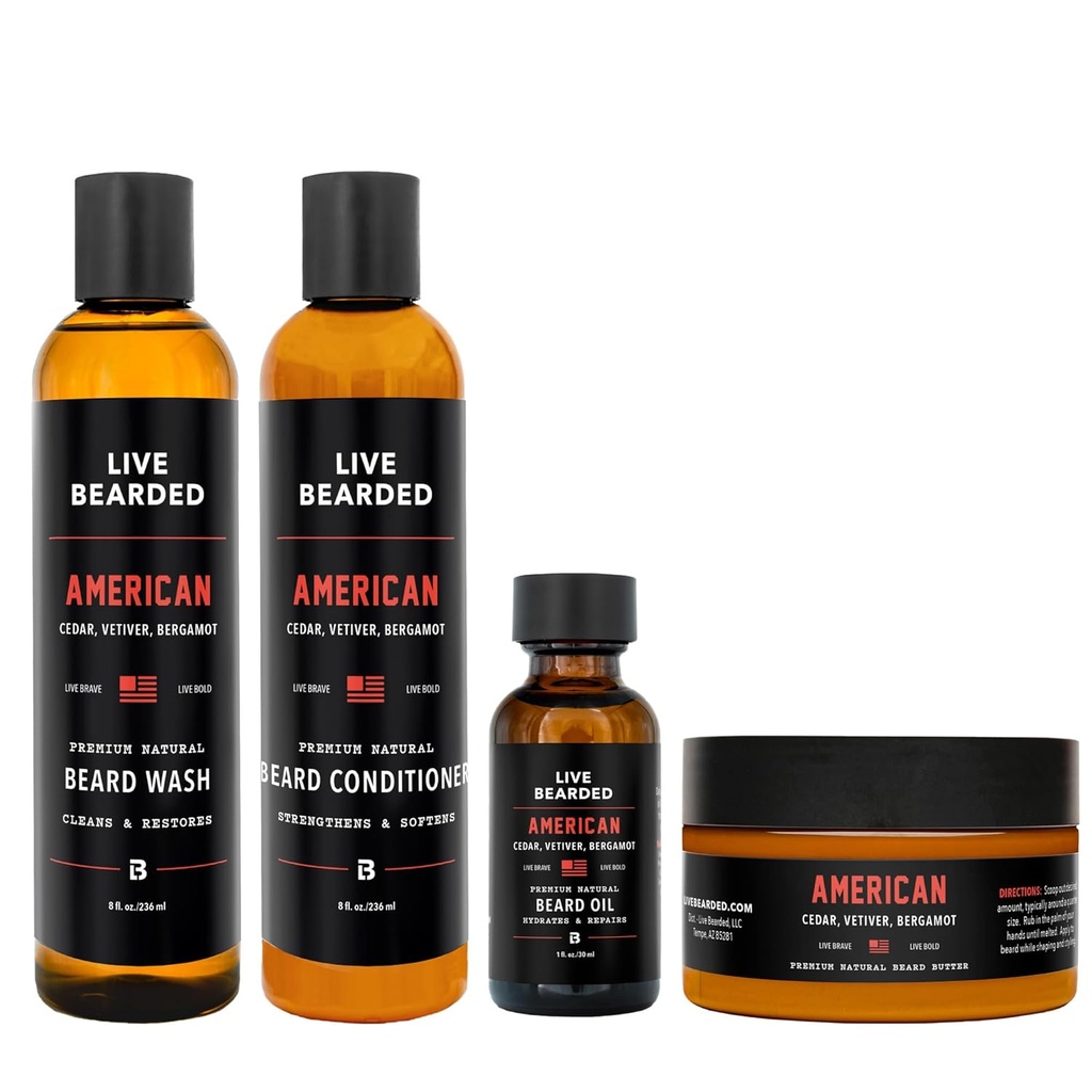 Live Bearded Complete Beard Grooming Kit - Wash, Conditioner, Boter en Olie - Made in the USA with All-Natural Ingredients - Heren bruidegom Set - Cedar, Vetiver, Bergamot