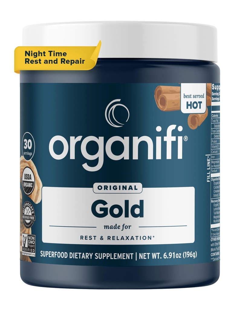 Organifi: Goud - Superfood Supplement Powder - 30 porties - Stress Support, Betere rust, ontspanning en bevordert rustgevende slaap - Kurkuma en Reishi Infused