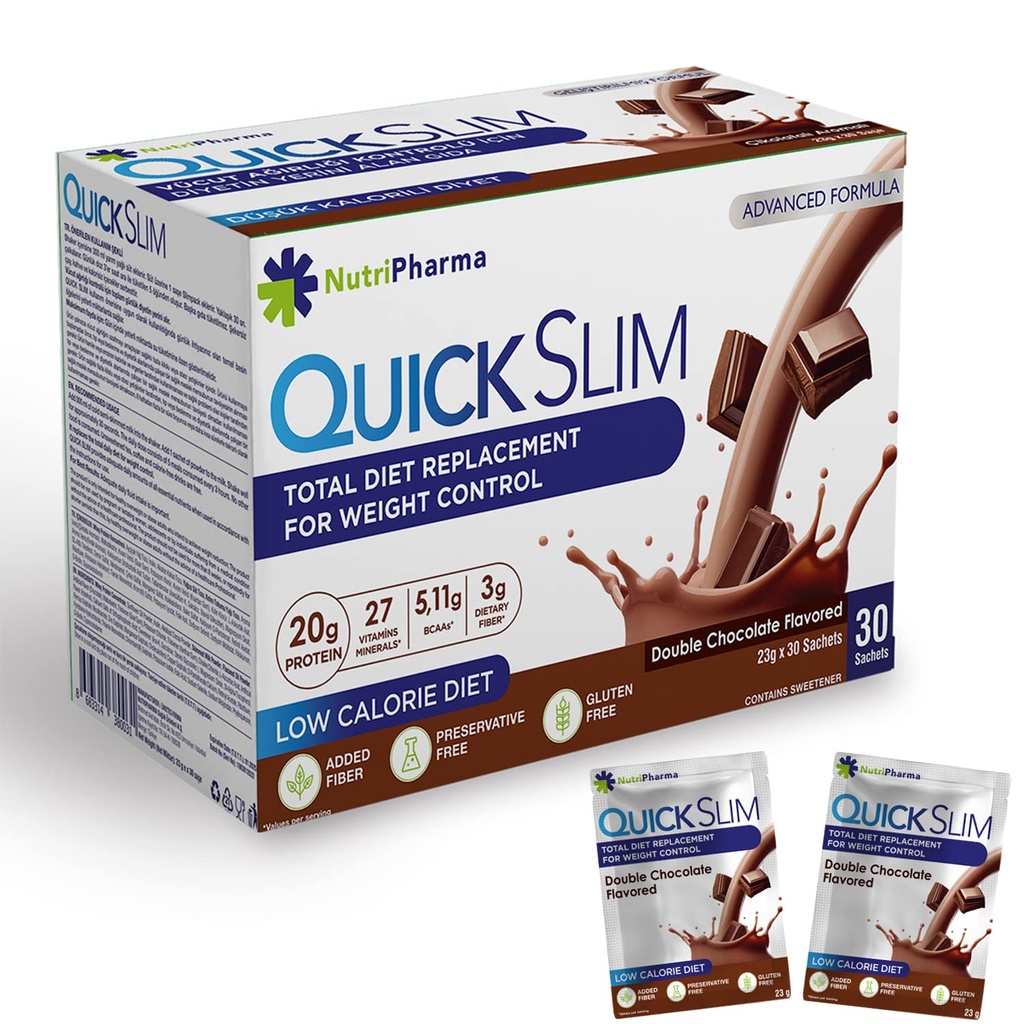 Quick Slim Maaltijd Vervangingsshake voor gewichtsverlies, 30 porties, 20g proteïne, 27 vitamines en mineralen, Dieetvezels, Low Carb, Glutenvrij (dubbele chocolade, 30 sachets)