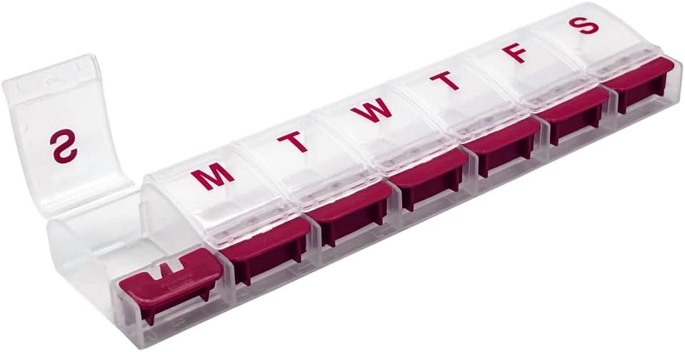 EZY DOSE Weekly (7-Day) AM/PM Daily Push Button Pill Organizer, Vitamine Case, en Medicine Container, X-Large Compartments, Artritis Vriendelijk, Handig en gemakkelijk te gebruiken, Helder / Rood, BPA Gratis