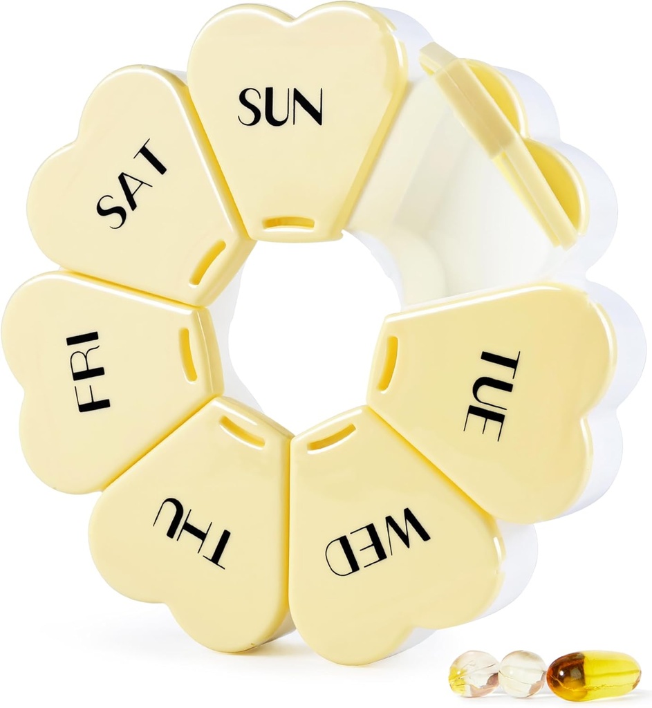 MOLN HYMY Large Weekly Pill Box 7 Day, Pill Case Organizer, Flower Pill Container Eenmaal daags, Ronde Medicine Dispenser voor Vitamine/Visolie/Medicatie/Supplement (Geel)