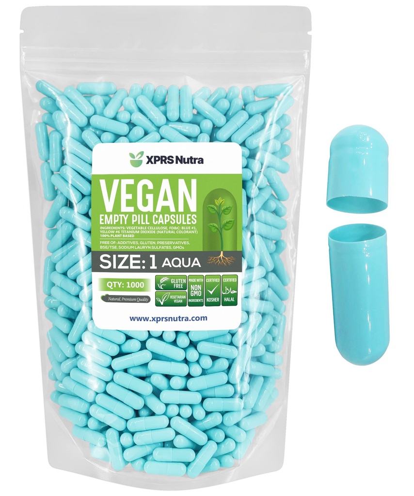XPRS Nutra Maat 1 Lege Capsules - 1000 Graaf Lege Vegan Capsules - Vegetarische Pillen - DIY plantaardige Capsule Vegetarische Pill Caps voor Do-It-Yourself Supplements (Aqua)
