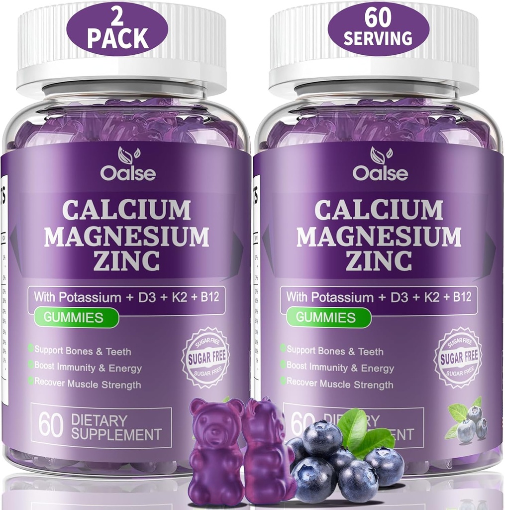 (2 Pack) OALSE Calcium Magnesium Zink Gummies met vitamine D3 & K2-High Absorptie Magnesium Glycinate-Muscles, Immuun & Slaap Support-Suiker Vrij-Blueberry Flavored-120 Tellen