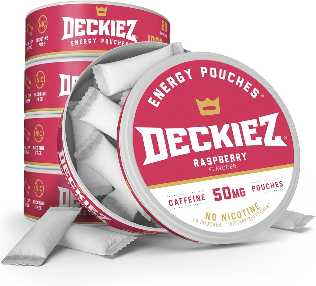 Deckiez energie zakjes, 5 blikjes (100 porties), suikervrije cafeïne supplement, koffie zakjes & energie drank alternatief, 50mg cafeïne zakjes, framboos smaak