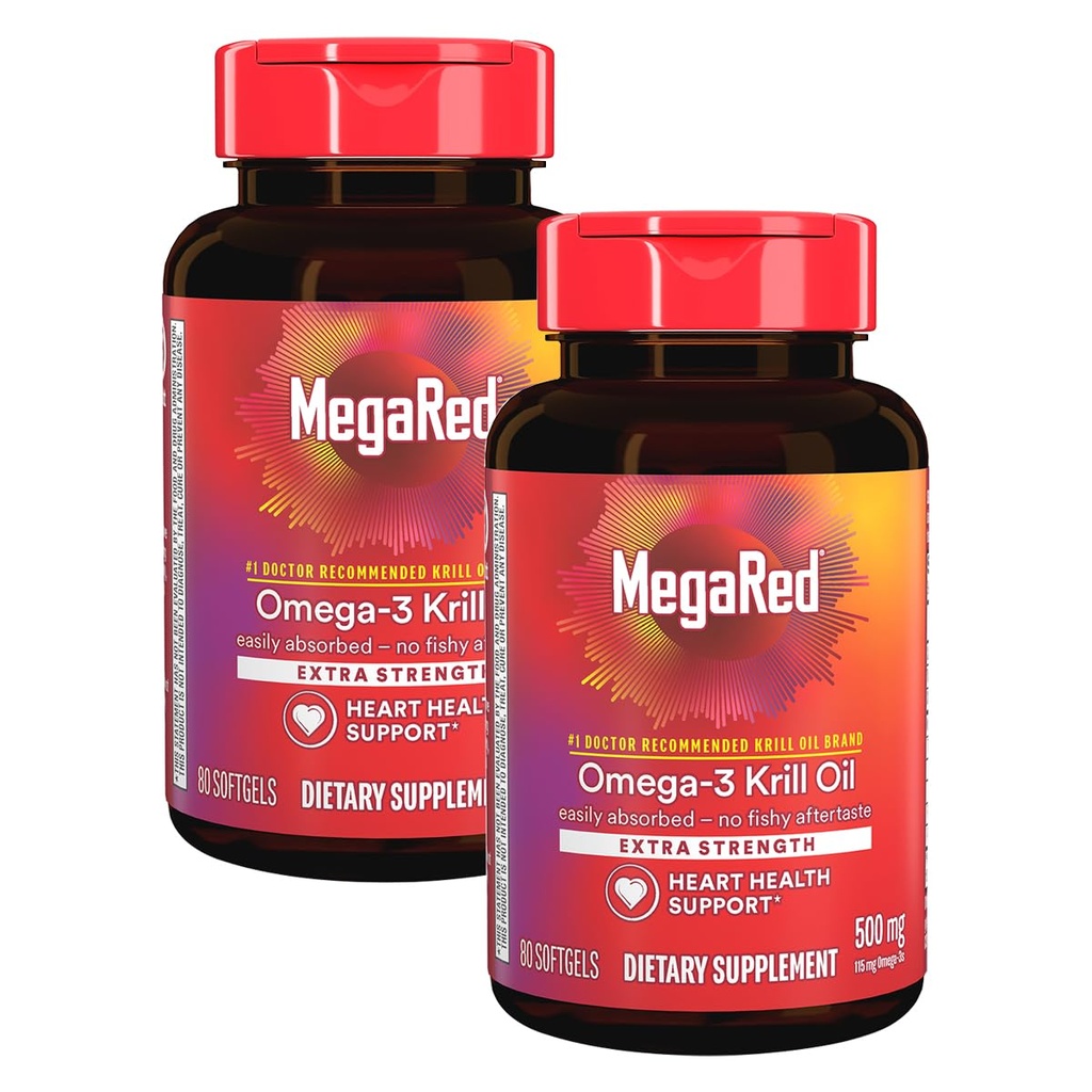 MegaRed Extra Strength 500mg Omega-3 Krill Oil Supplement met EPA/DHA, Geen Fishy Aftersmaak Ondersteunt Hartgezondheid, 80 Tel Softgels (2 Pack)