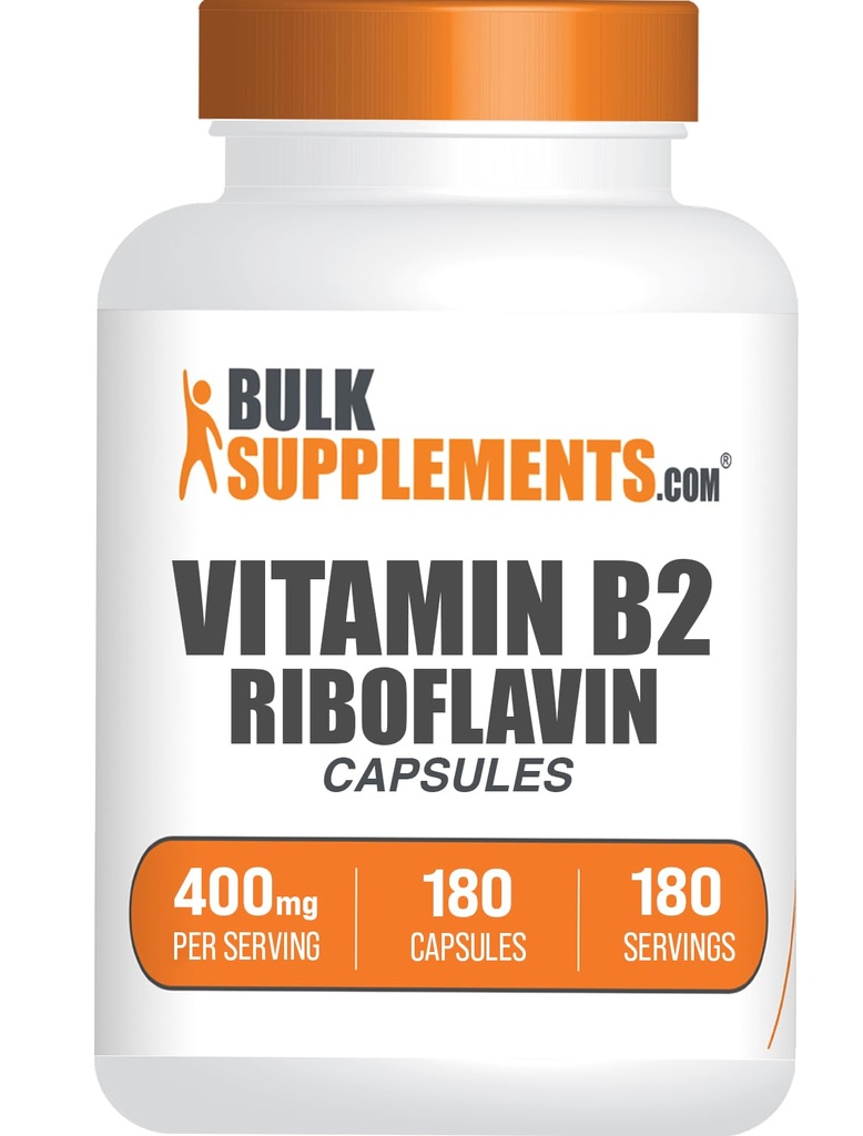 BulkSupplements.com Riboflavine Capsules - Vitamine B2 400 mg, Riboflavine 400 mg - Essentiële B Vitamine, Glutenvrij, 1 Capsule per portie, 180 Capsules (verpakking van 1)