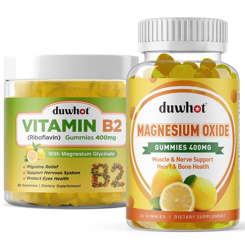 Migraine Relief - Vitamine B2 Gummies (Riboflavine) 400mg & Magnesiumoxide Gummies 400mg, Hoofdpijn Verlichting & Zenuwstelsel Ondersteuning