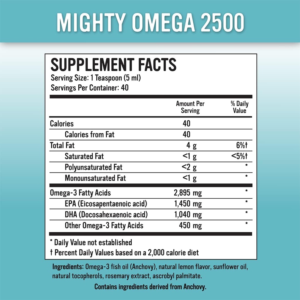 Mighty Omega 2500 Potent Omega 3 Supplement - 2500 MG EPA DHA Per Teaspoon - High Dose Omega's 3 Fish Oil - South Pacific Anchovy Sourced - Triglyceride Omegas 3 Fatty Acid Supplement
