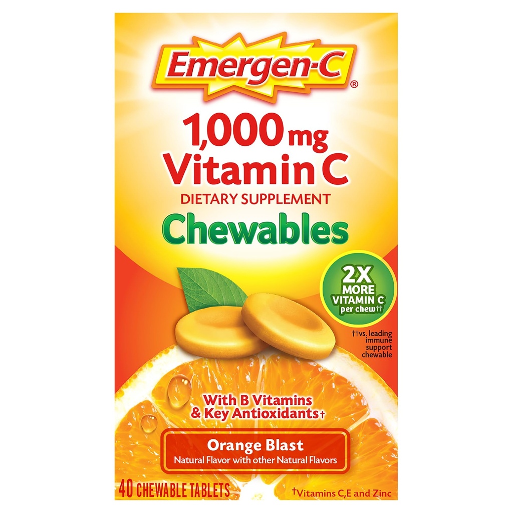 Emergen-C Chewable Vitamin C 1000mg, With B Vitamins And Antioxidants Tablet (40 Count, Orange Blast Flavor), Dietary Supplement