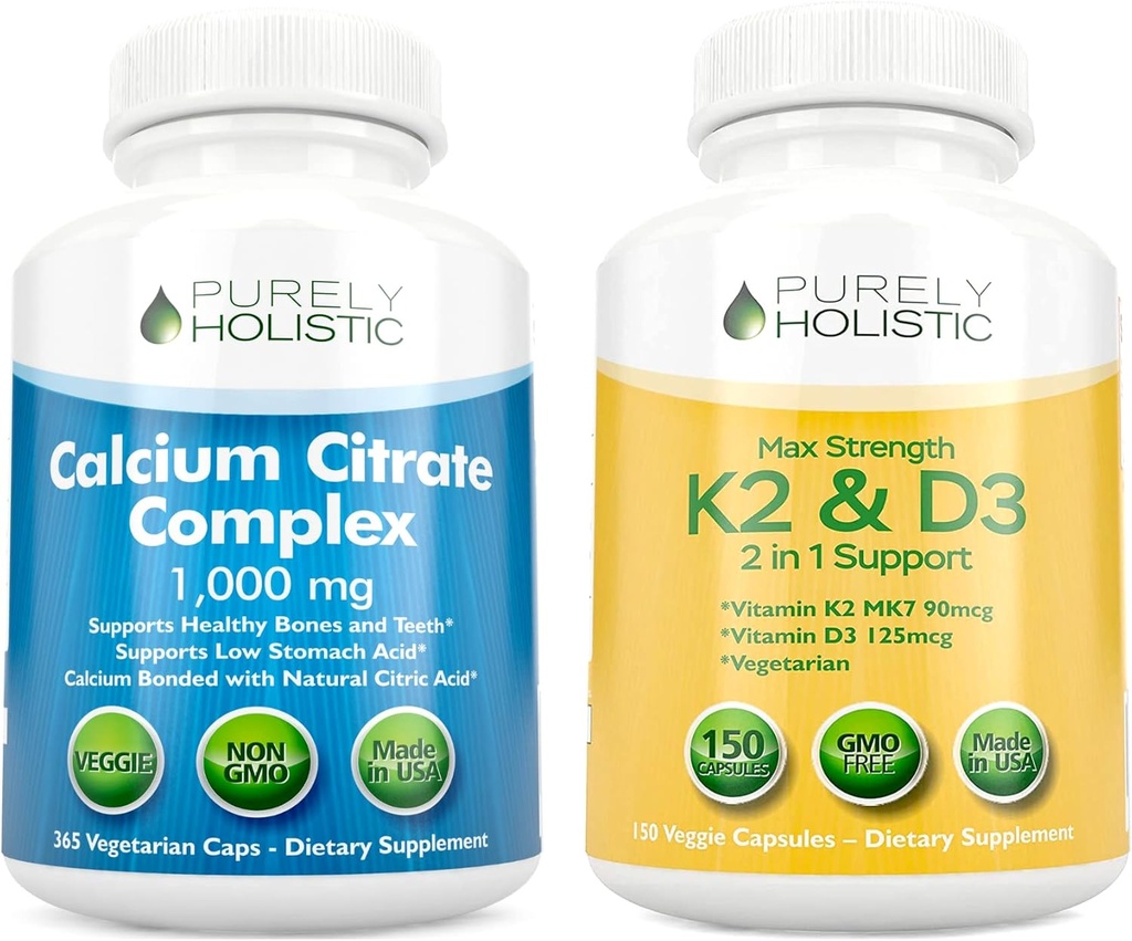 Pure Holistische Calcium Citrate Complex 1000mg + Vitamine D3 125mcg K2 MK7 90mcg - 365 Vegan Capsules + 150 Vegetarische Capsules Bundle - Made in USA