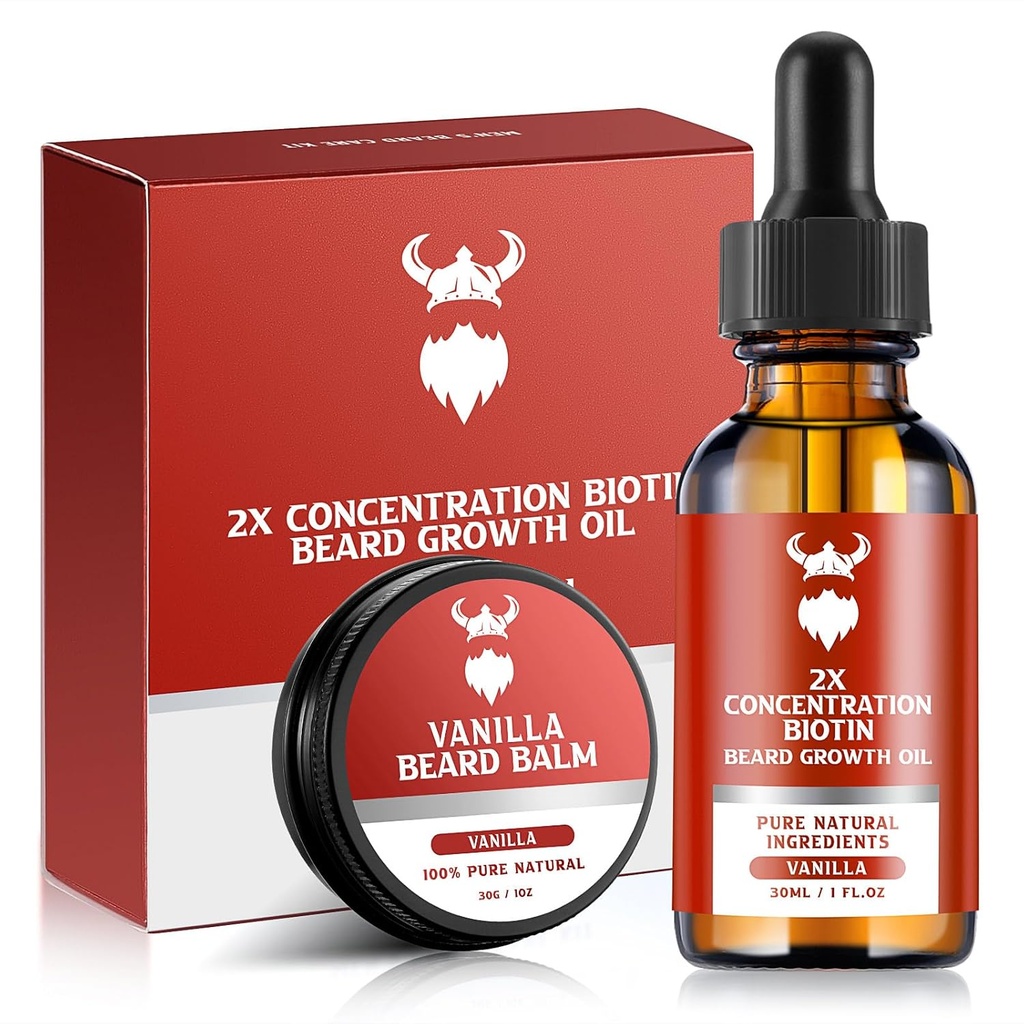 Beard Growth Kit - 2X Concentration Biotin for Men, Natural Ingredients with Argan Oil, Jojoba Oil and Vitamin (Vanilla)