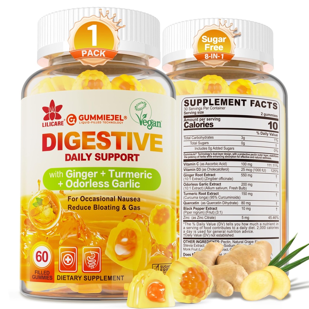 Gember Kauwt Gummies voor Misselijkheid & Digestieve Ondersteuning, Maag Relief - Suikervrij met Kurkuma & Odorless Knoflook, Quercetine, Vitamine D3, C, Delicious Digestieve Supplementen, 60Cts (pakket van 1)