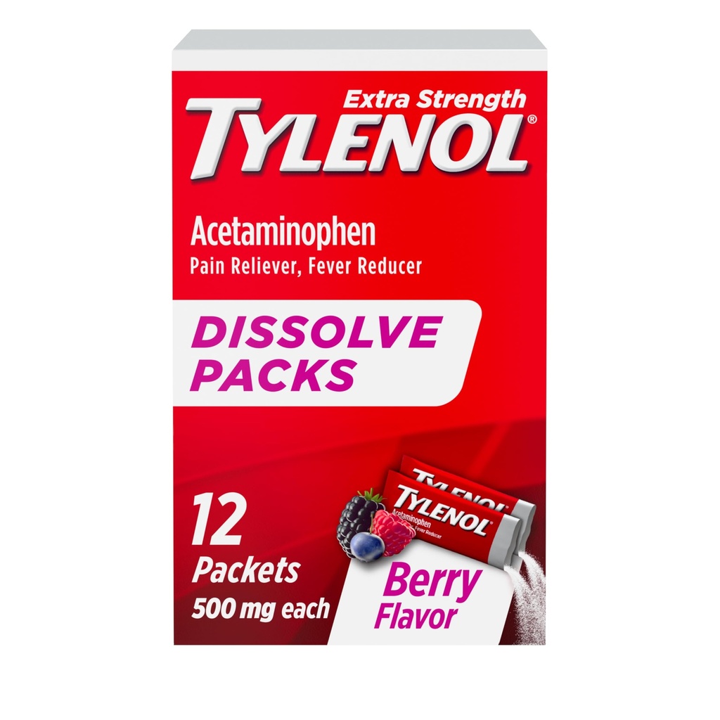 Tylenol Extra sterke oplossingsverpakkingen, 500 mg acetaataminofen pijnstiller en koortsreducer, on-the-go poederverpakkingen voor lichte pijn en pijn, Ibuprofen- & aspirine-vrij, Berry Flavor, 12 ct