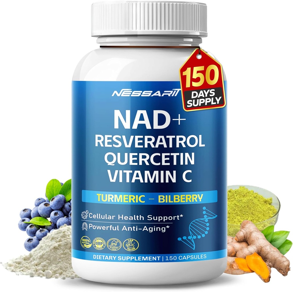 NAD+ RESVERATROL Supplement- 10-in-1 Natuurlijke Blend met quercetine Turmeric Berberine Blauwe bosbessen thee - 150 Tel - Made & Tested in The USA