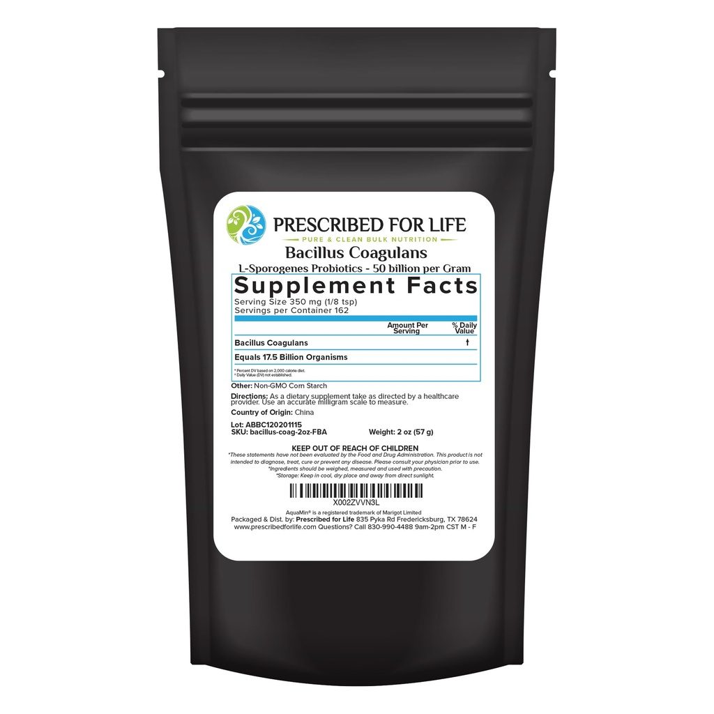 Prescribed For Life Bacillus Coagulans Powder, Lactobacillus Supplement for Gut Health Support, Temperature and Shelf Stable Probiotics, L. Sporogenes (50 Billion/Gram) (2oz / 56g)
