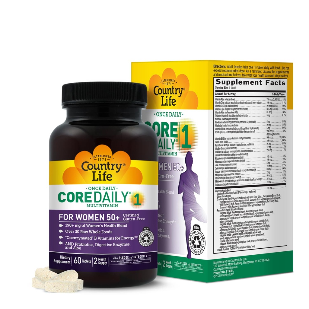 Country Life CORE Daily-1 voor vrouwen 50+ Multivitamine - Geformuleerd voor vrouwen boven 50, volledige dagelijkse voeding met de gezondheid van vrouwen Blend, Coenzymated B Vitaminen, Probiotica, en spijsverteringsenzymen