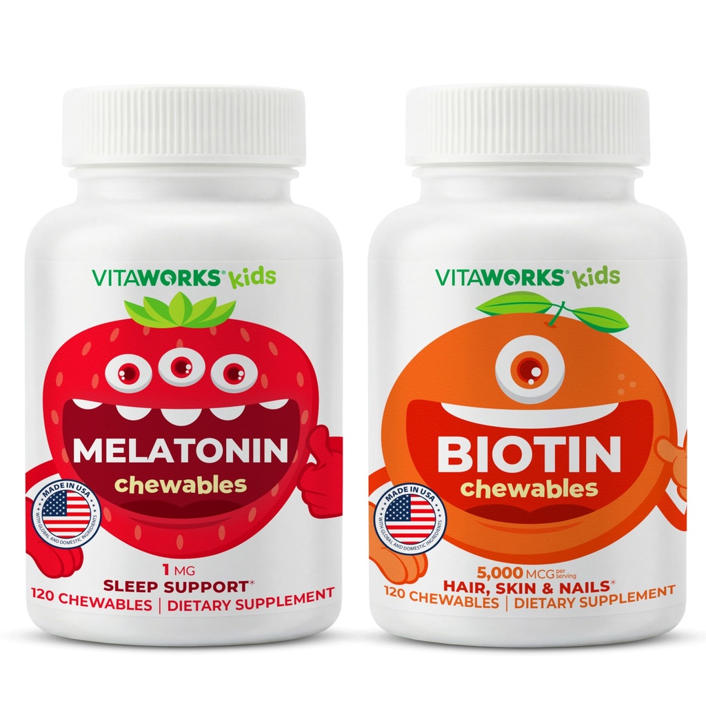 Kinderen Melatonine 1mg kauwtabletten + Biotin 5000mcg kauwtabletten bundel