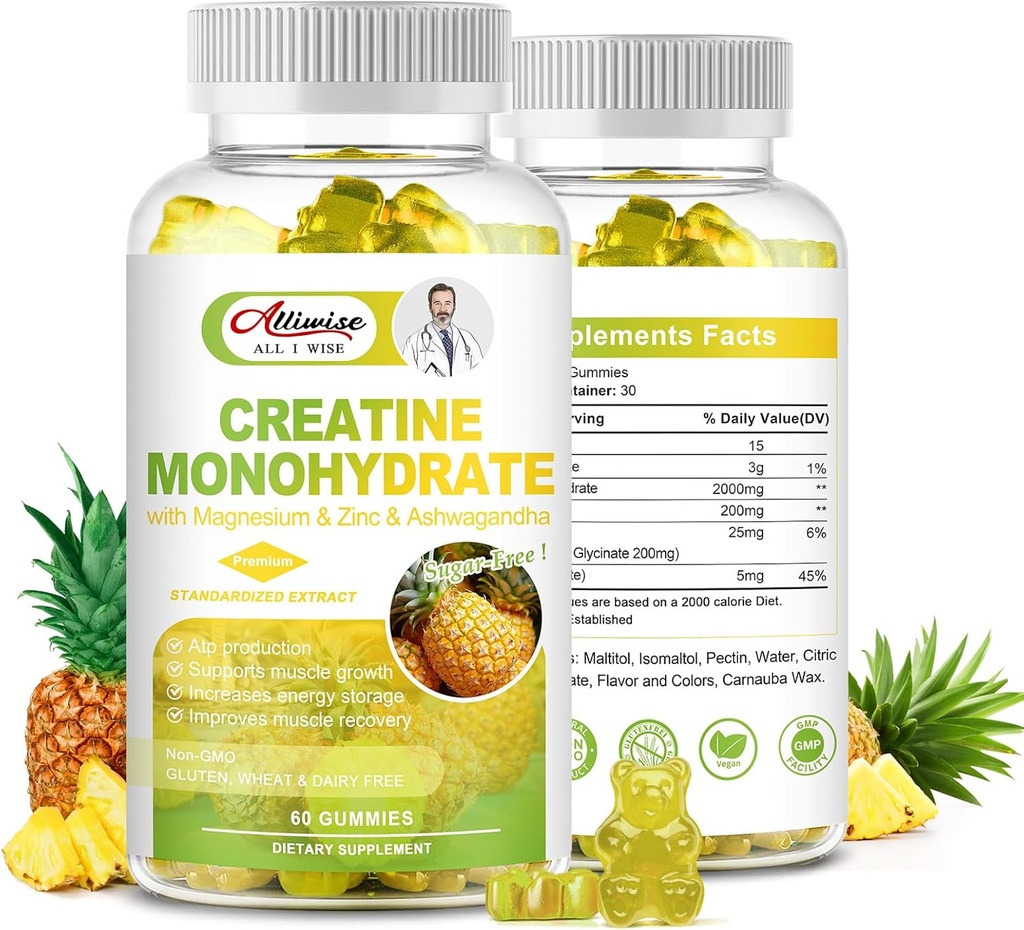 Suikervrije Creatine Monohydraat voor mannen & vrouwen, Creatine Monohydraat Complex Supplement met Magnesium & Zink & Ashwagandha, voor spiergroei & kracht, energie, pre-workout supplement