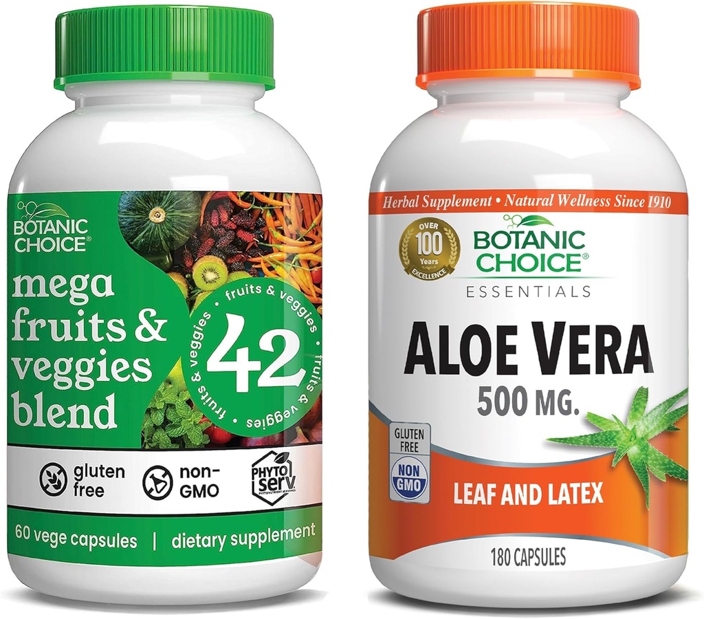 Botanic Choice Mega Fruits and Veggies Blend (60 capsules) + Aloë Vera (180 capsules) Bundel - Energy Balance & Superfood Supplement + Digestief Health Support