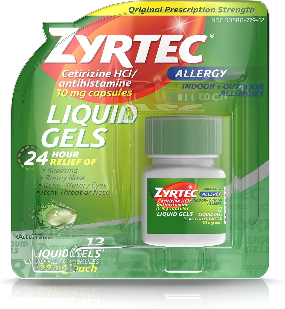 Zyrtec 24-uurs Indoor & Outdoor Allergie Liquid Gels, Antihistamin Capsules met Cetirizine Hydrochloroide voor Allergie Relief, 12 CT (Pack of 2)