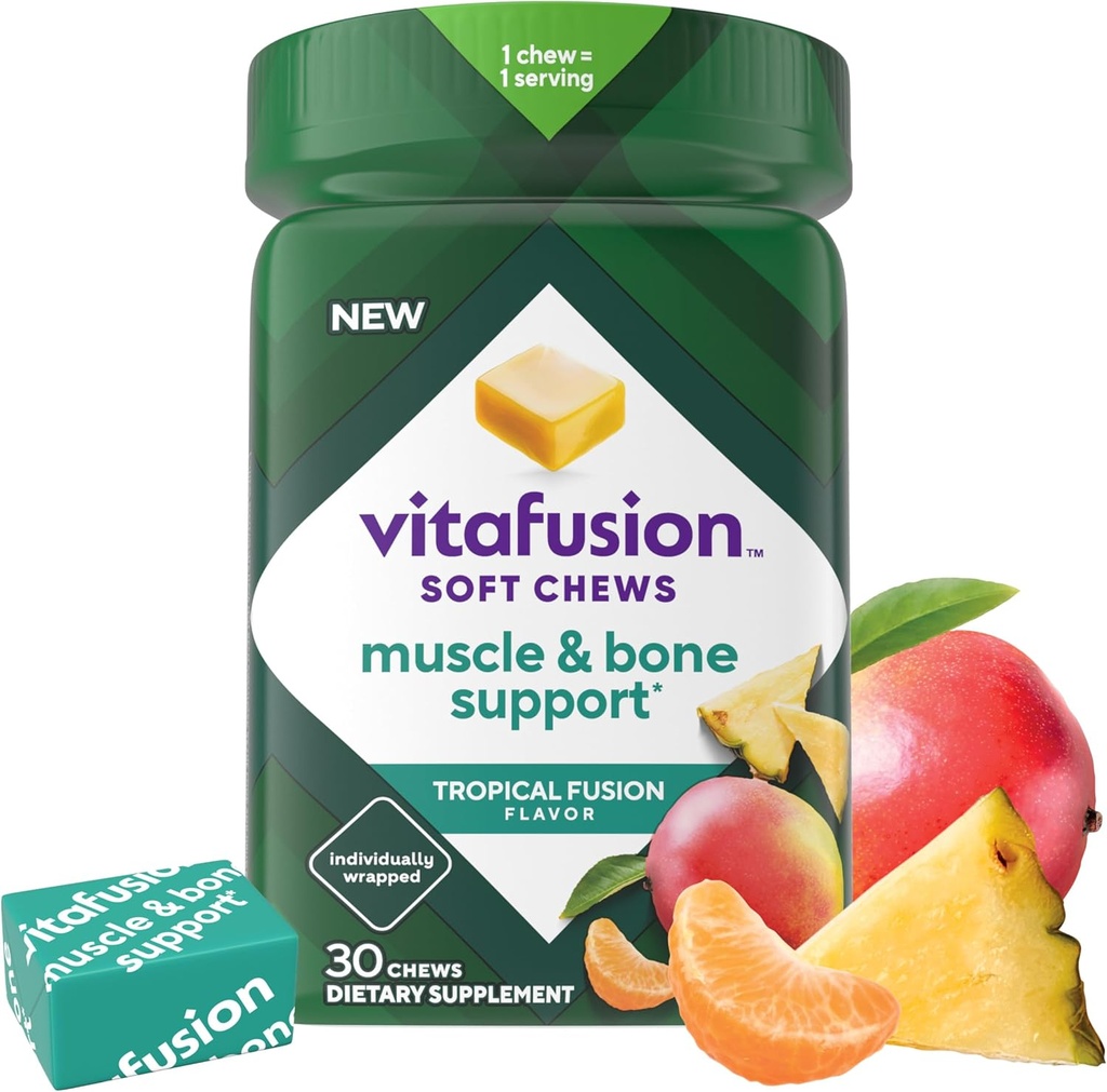 Vitafusion Soft Chews Muscle & Bone Support (1), Adult Chewable Vitamin D for Bone & Muscle Support, Individually Wrapped, Tropical Fusion Flavor, 30 Chews, 30 Day Supply